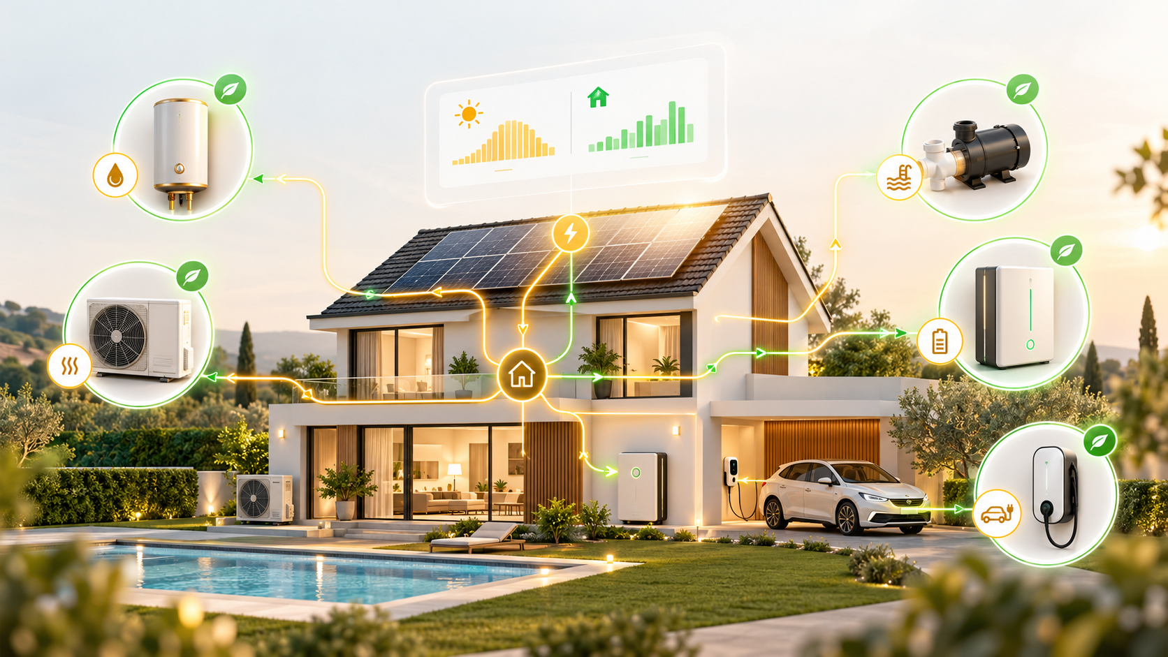 Maison équipée de panneaux photovoltaïques avec suivi de production et pilotage intelligent des principaux appareils électriques